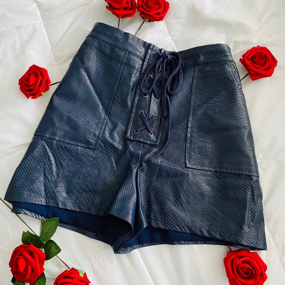 Navy blue snake skin high-waisted lace-up shorts